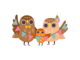 Fototapeta  - Happy Family of Owls, Father, Mother and Their Owlet Baby, Cute Cartoon Birds Characters Vector Illustration