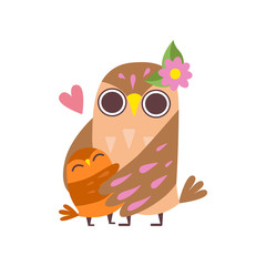 Poster - Mother Owl Embracing Her Owlet, Happy Family of Owls, Cute Cartoon Birds Characters Vector Illustration