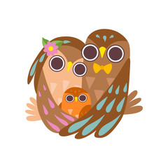 Poster - Happy Family of Owls Hugging Together, Father, Mother and Their Baby, Cute Cartoon Birds Characters Vector Illustration