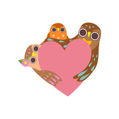 Poster - Happy Family of Owls with Pink Heart, Father, Mother and Their Baby Owlet, Cute Cartoon Birds Characters Vector Illustration