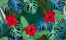 Seamless Vector Pattern Tropical Leaves With Red Hibiscus Flower On Black Background