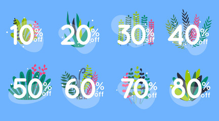 Sticker - Sale discount icons with leafs design. Special offer price signs. 10, 20, 30, 40, 50, 60, 70 and 80 percent off reduction symbols.