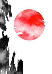 Watercolor black blot, blob, splash of black paint. Sunrise or sea sunset blurred background.Watercolor spot, abstraction. red sun, moon.Abstract background. Mountains in Japanese style.Floating rocks