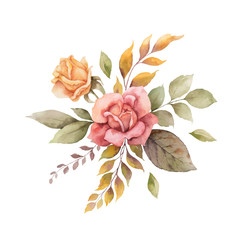 Watercolor vector autumn arrangement with roses and leaves isolated on white background.