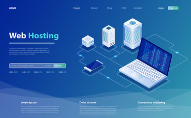 Concept of server hosting. Big data flow processing concept, cloud database. Hosting server isometric vector illustration. 