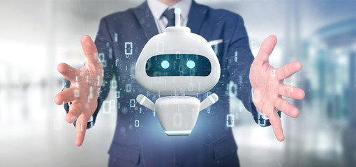 businessman holding chatbot with binary code 3d rendering