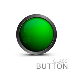 Wall Mural - glass blank green button for the design of apps and games. vector round shape button with metal fram