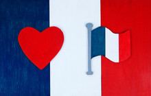French Flag Background, With Flag Icon And Love Heart For France - In Tricolor Colors, For French Culture & Lifestyle, With Space For Text / Design.