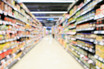 Wall Mural - supermarket aisle interior with product shelves abstract blur background