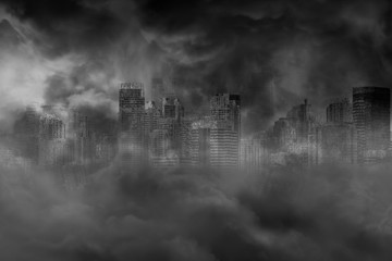 the ruins of a large city building are covered with smoke from the civil war and the city abandonmen