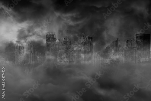 Fotomural The ruins of a large city building are covered with smoke from the civil war and