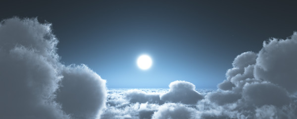 Moonrise over the clouds, among the clouds, flying over the clouds ,, 3d rendering