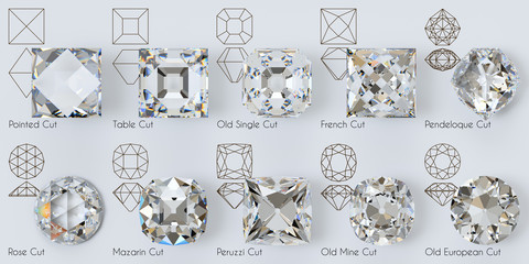 Old diamond cuts, outlines, titles on white background