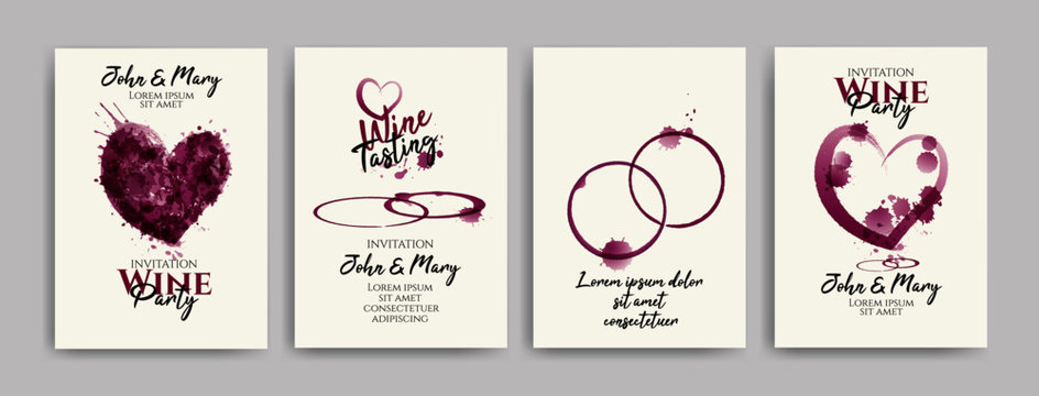 Collection of wine designs for wedding parties, bridal shower party, celebrations. shapes of hearts and rings with wine stains. Invitations, cards, web banners. Vector illustration