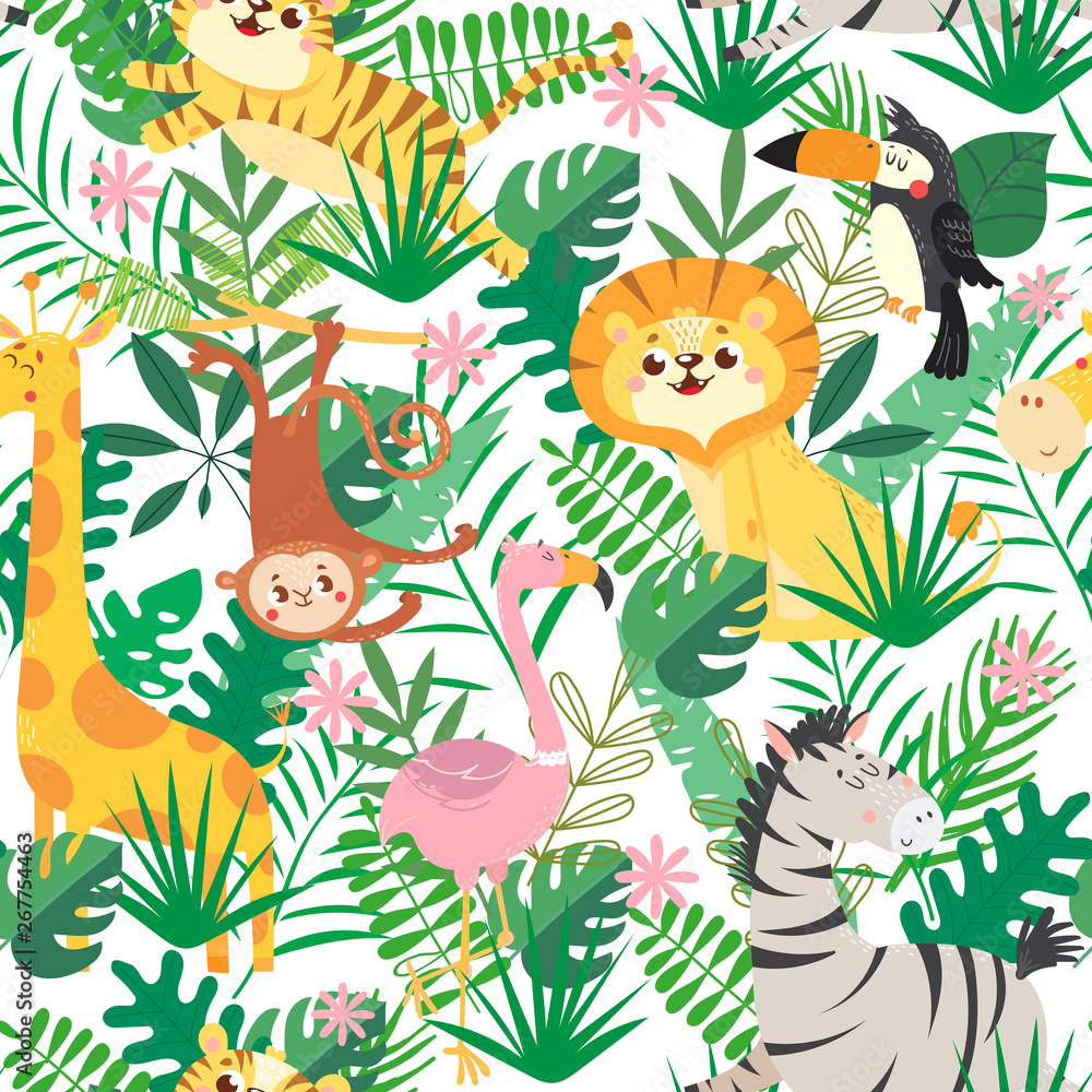Seamless pattern with cute wild animal in jungle. Tropical pattern with ...