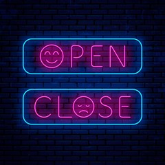 Wall Mural - open and close. set of bright neon night signs for shop, cafe, bar and more. creative design text, o