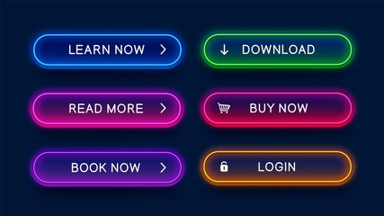 Wall Mural - trendy, glowing, neon buttons for web design. bright, abstract, vector, neon buttons isolated on dar