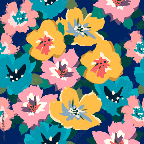 Painting universal freehand floral seamless pattern. Graphic design for backg...