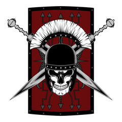 Canvas Print - Vector image of a legionnaire skull in a helmet with swords and a shield. Image on white background.