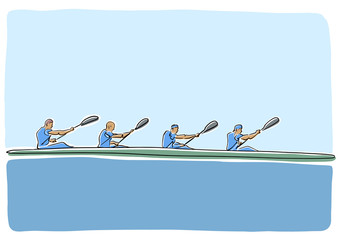 Wall Mural - Academic canoe rowing. Team of four male rowers. Vector flat illustration. Colorful drawing. Isolated contour and colors. Abstract canoeing sport.