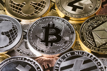 Bitcoin Crypto Currency Coins With Various Of Shiny Silver And Golden Physical Cryptocurrencies Symbol Using Decentralized Block Chain Technology