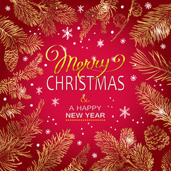 Wall Mural - christmas poster - illustration. vector illustration of christmas red background with golden branche
