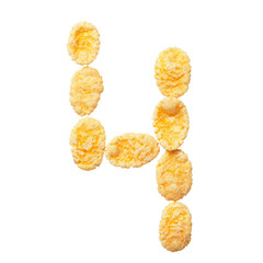 Yellow cornflakes number four 4 isolated on white background.