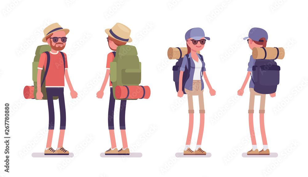 Hiking man, woman standing. Tourists with backpacking gear, wearing clothes for outdoor sporting or leisure activity. Vector flat style cartoon illustration isolated on white background, front, rear - obrazy, fototapety, plakaty 