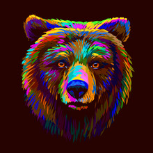 Abstract Multi-colored Portrait Of A Brown Bear Looking Ahead On A Brown Background.