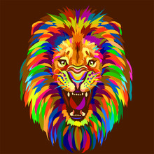 Abstract Multicolored Portrait Of A Growling Lion On A Brown Background