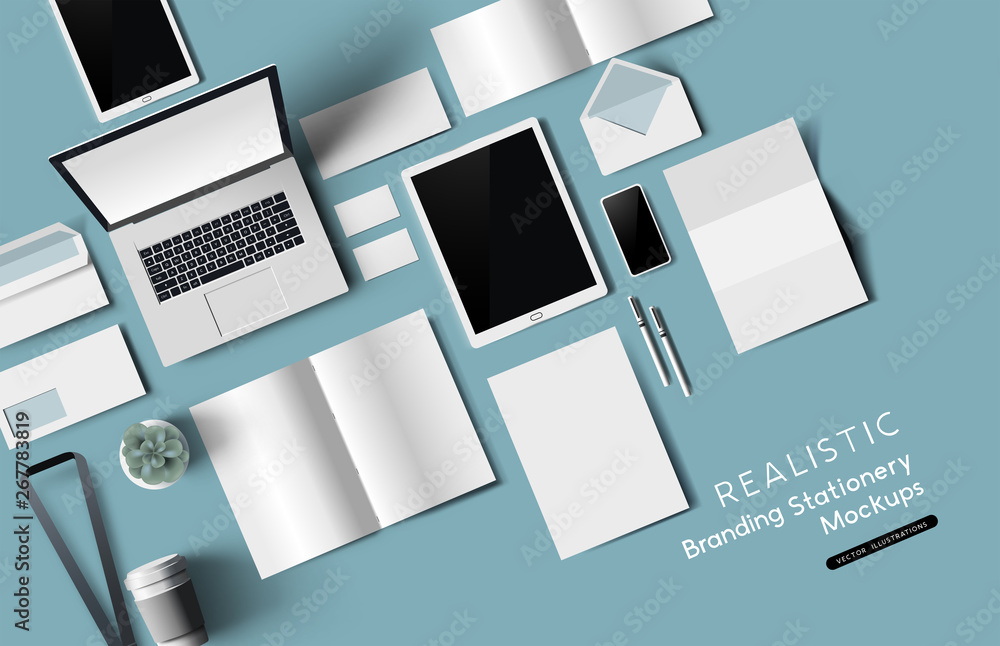 Top down view of office desk realistic stationery and objects. Vector mockup illustration. - obrazy, fototapety, plakaty 