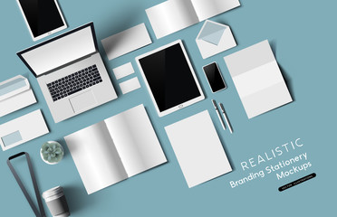 top down view of office desk realistic stationery and objects. vector mockup illustration.