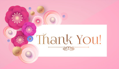 Thank You Gratitude Card Template with Cute Flowers. Birthday, Wedding, Bridal Shower Greeting.
