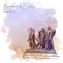 The Burghers Of Calais Statue With The Victoria Tower And The Houses Of Parliament Behind. Westminster, London, UK. Vintage Design. Linear Sketch On A Watercolor Textured Background. EPS10 Vector