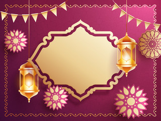 Wall Mural - Banner or poster design with hanging golden illuminated lanterns and flowers decorated islamic seamless pattern background with vintage frame given for your message.