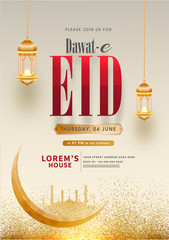 Poster - Invitation card or template design with golden crescent moon, hanging illuminated lanterns and event details for Dawat-E-Eid party celebration.