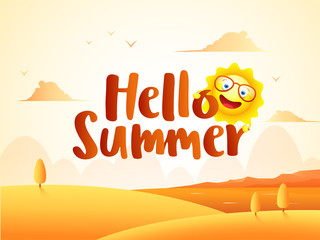 Sticker - Beautiful desert landscape background with cartoon character of sun for Hello Summer celebration concept. Can be used as greeting card design.