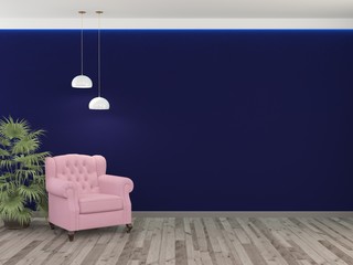 Pink chair against a blue wall with two lamps. 3D rendering.