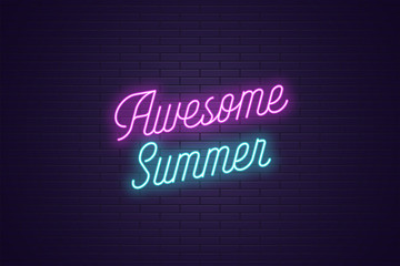 Wall Mural - Neon lettering of Awesome Summer. Glowing text