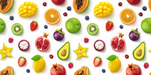 Seamless Pattern Of Different Fruits And Berries, Flat Lay, Top View