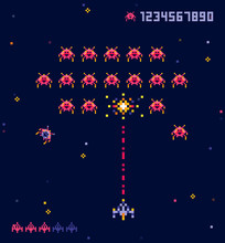 Vector Illustration Of Old Pixel Art Style Ufo Space War Game. Pixel Monsters And Spaceship. Retro Game, 8 Bit Game Concept, Trendy 90s Style.