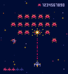 Vector illustration of old pixel art style Ufo space war game. Pixel monsters and spaceship. Retro game, 8 bit game concept, trendy 90s style.