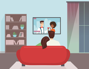 Vector illustration of man and woman watching TV. Young couple watching a News, in the home atmosphere, flat cartoon style.