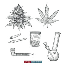 Hand Drawn Marijuana Set. Leaves And Buds. Jar, Bong, Pipe And Cigarettes Isolated. Template For Your Design Works. Engraved Style Vector Illustration.