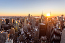 Panorama View Of Midtown Manhattan Skyline With The Empire State Building From The Rockefeller Center Observation Deck. Top Of The Rock - New York City, USA