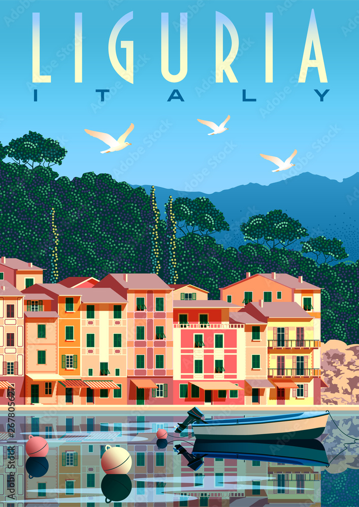 Sunny summer day in Liguria with boat and fishing village in the foreground, trees and mountains in the background - obrazy, fototapety, plakaty 