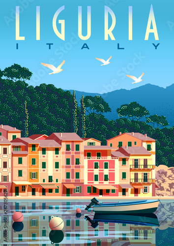 Photographie Sunny summer day in Liguria with boat and fishing village in the foreground, tre