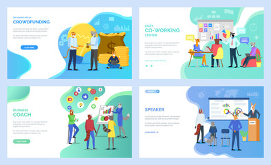  Speaker vector, deer on presentation, crowdfunding and cozy coworking center, hipster animals at work, working cat and koala, raccoon set. Website or webpage template, landing page flat style