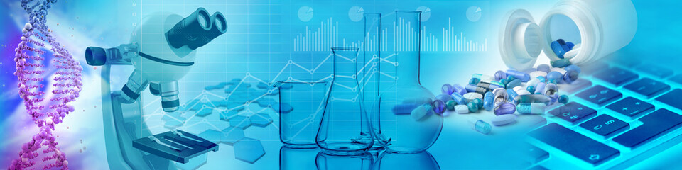 drugs, chemical glasses, microscope and dna in blue background, 3d illustration