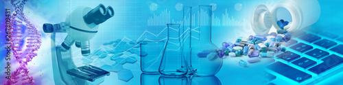 Fotomural drugs, chemical glasses, microscope and DNA in blue background, 3d illustration
